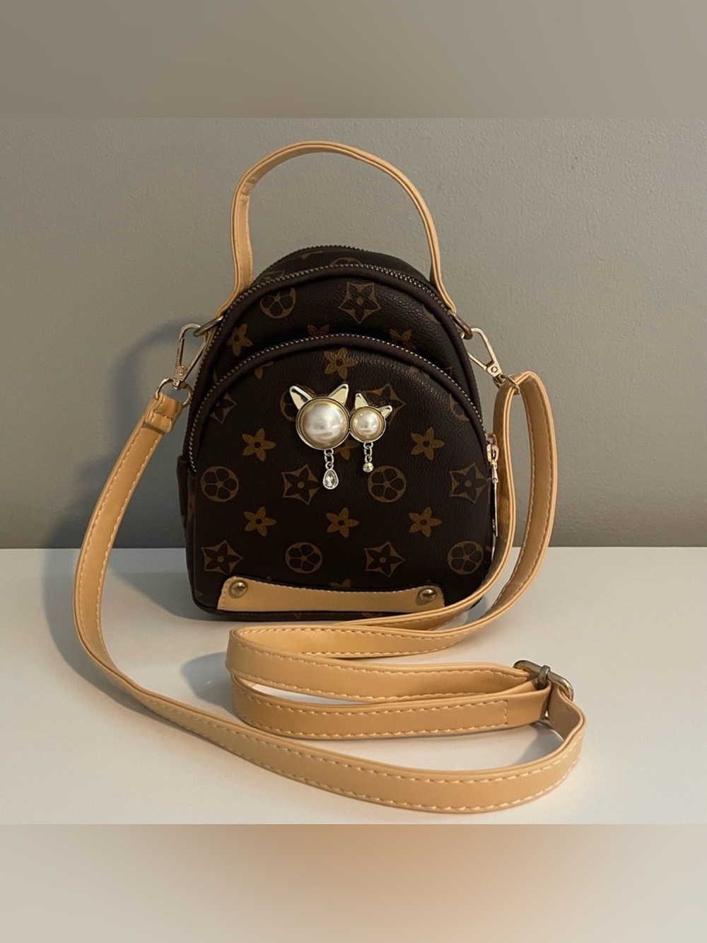 Mini Crossbody Backpack - Brown with Tan Trim